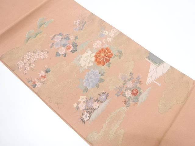 光悦垣に牡丹・桔梗模様織り出し袋帯